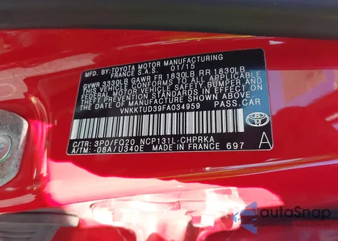 2015 Toyota Yaris L from USA, damaged, VIN VNKKTUD39FA034959